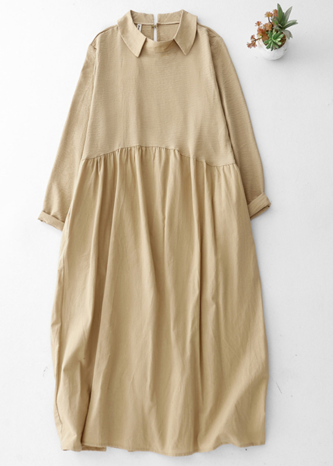 Original Khaki Peter Pan Collar Pockets Patchwork Cotton Dresses Spring