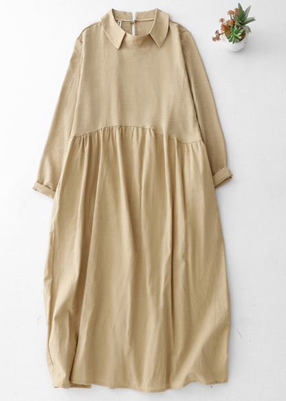 Original Khaki Peter Pan Collar Pockets Patchwork Cotton Dresses Spring