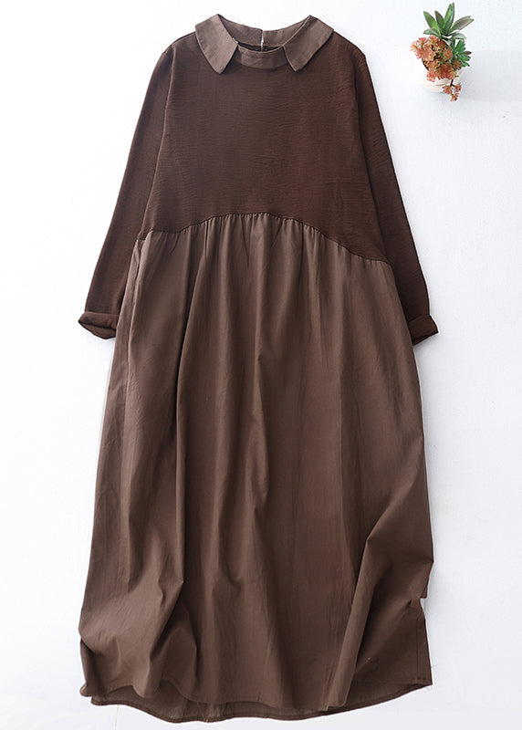 Original Khaki Peter Pan Collar Pockets Patchwork Cotton Dresses Spring