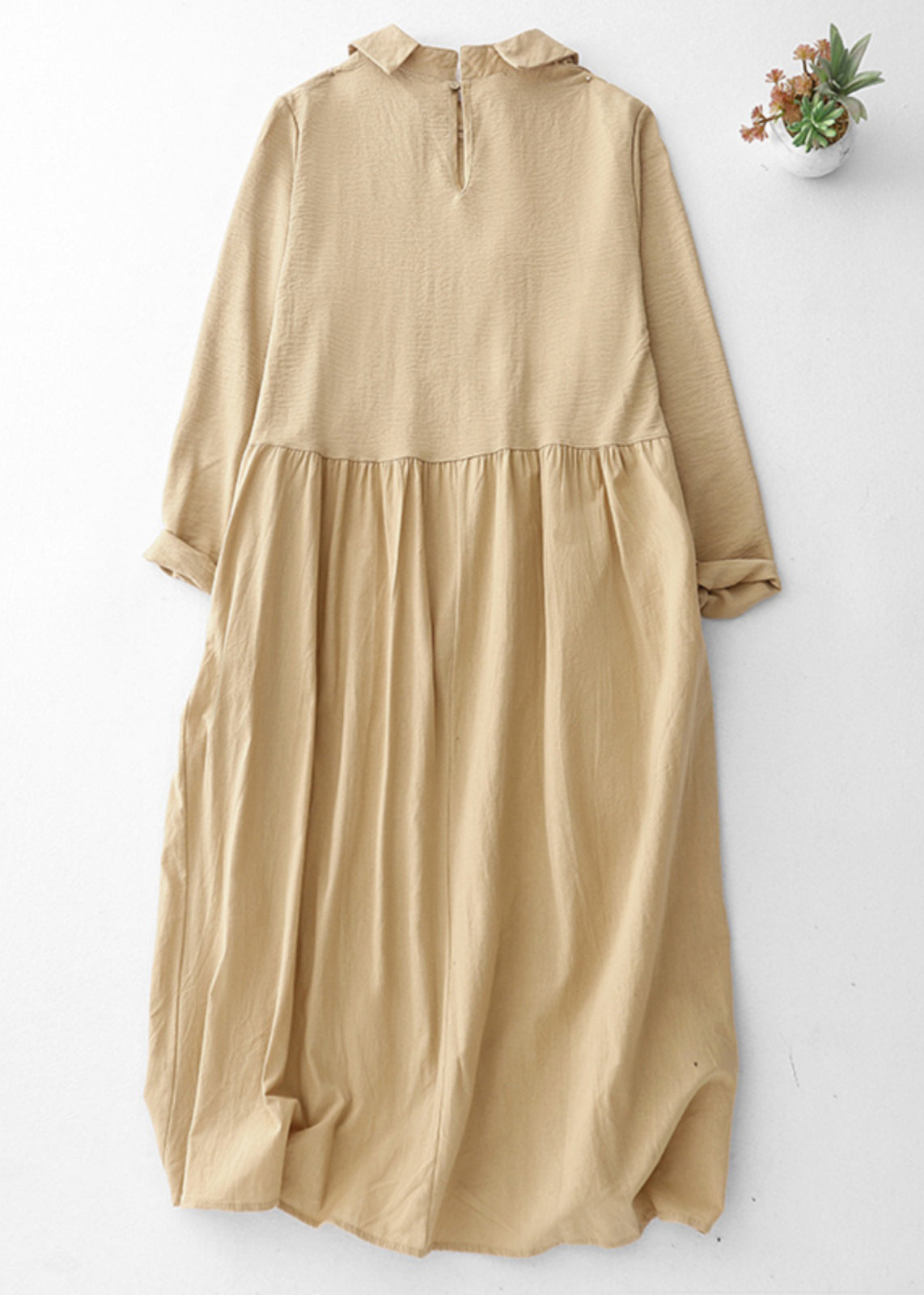 Original Khaki Peter Pan Collar Pockets Patchwork Cotton Dresses Spring