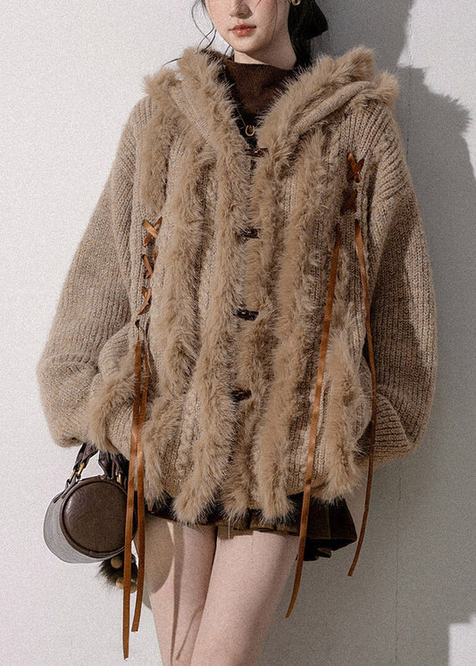 Original Light Coffee Fur Collar Button Hooded Cotton Knit Cardigan Lantern Sleeve