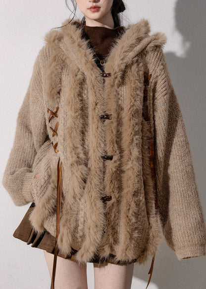 Original Light Coffee Fur Collar Button Hooded Cotton Knit Cardigan Lantern Sleeve