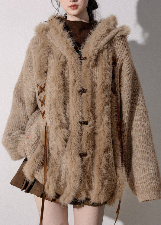 Original Light Coffee Fur Collar Button Hooded Cotton Knit Cardigan Lantern Sleeve