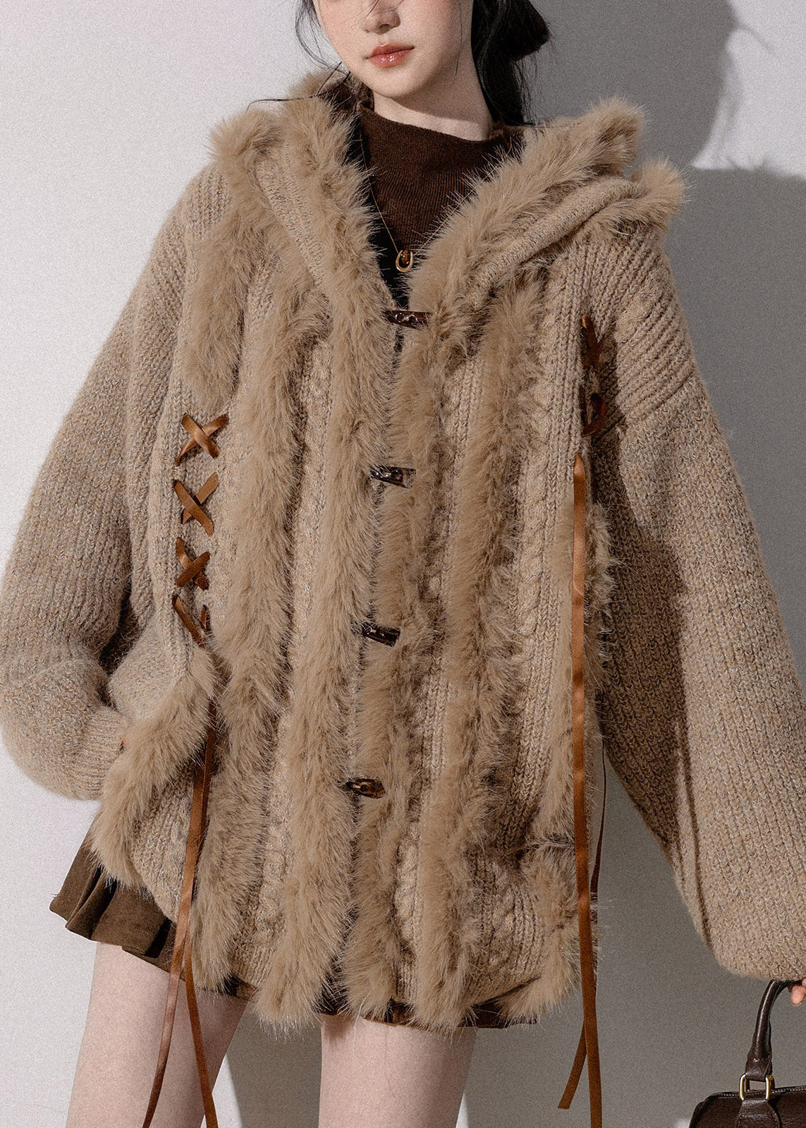 Original Light Coffee Fur Collar Button Hooded Cotton Knit Cardigan Lantern Sleeve