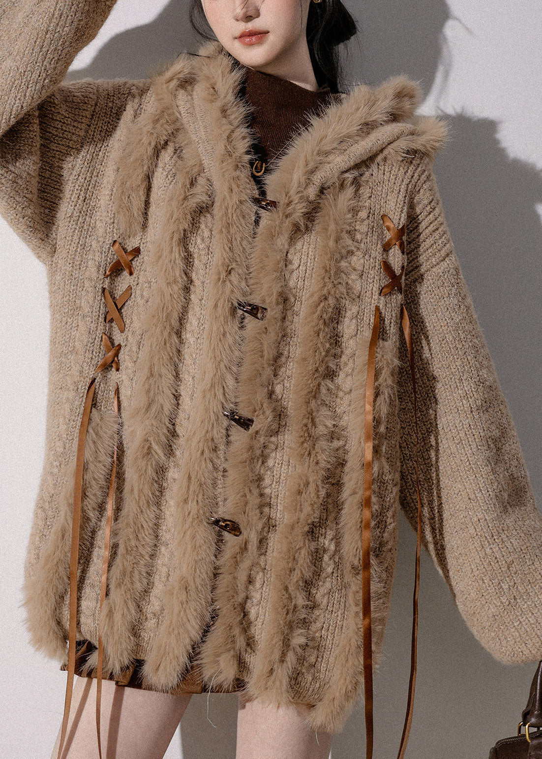 Original Light Coffee Fur Collar Button Hooded Cotton Knit Cardigan Lantern Sleeve