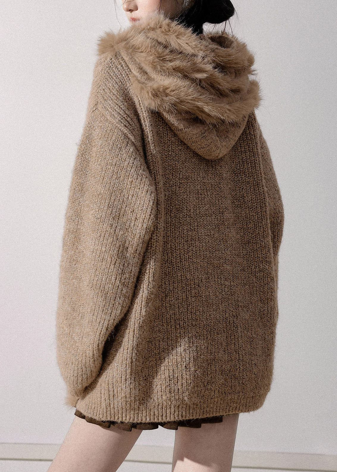Original Light Coffee Fur Collar Button Hooded Cotton Knit Cardigan Lantern Sleeve