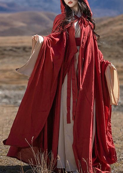 Original Loose Red Hooded Lace Up Cotton Cape Spring