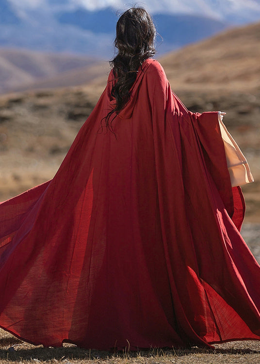 Original Loose Red Hooded Lace Up Cotton Cape Spring