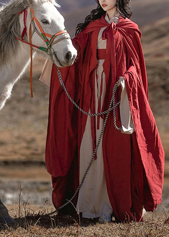 Original Loose Red Hooded Lace Up Cotton Cape Spring