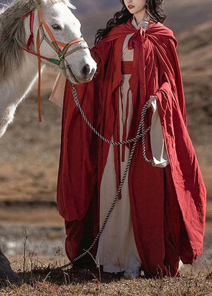 Original Loose Red Hooded Lace Up Cotton Cape Spring