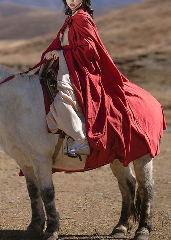 Original Loose Red Hooded Lace Up Cotton Cape Spring