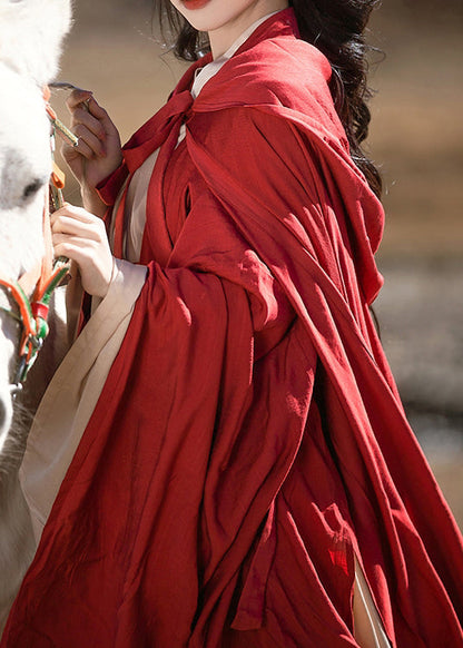 Original Loose Red Hooded Lace Up Cotton Cape Spring