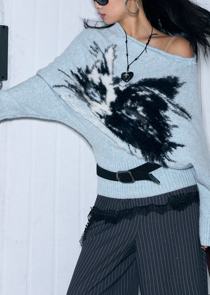 Original Mulberry Faux Mink Fur Cat Pattern Slash Neck Knit Sweater