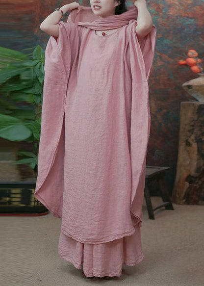 Original Pink Bow Dress And Wide Leg Pants Linen Two Pieces Set Batwing Sleeve