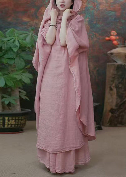 Original Pink Bow Dress And Wide Leg Pants Linen Two Pieces Set Batwing Sleeve