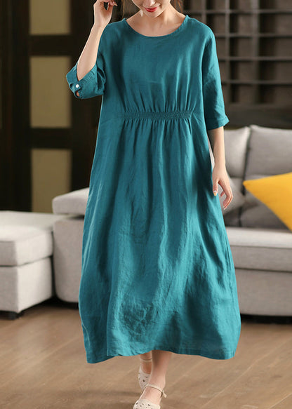 Original Pink O Neck Wrinkled Linen Long Dress Half Sleeve