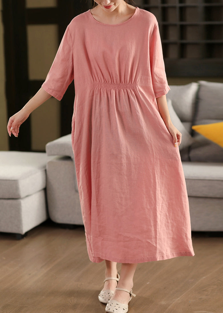 Original Pink O Neck Wrinkled Linen Long Dress Half Sleeve