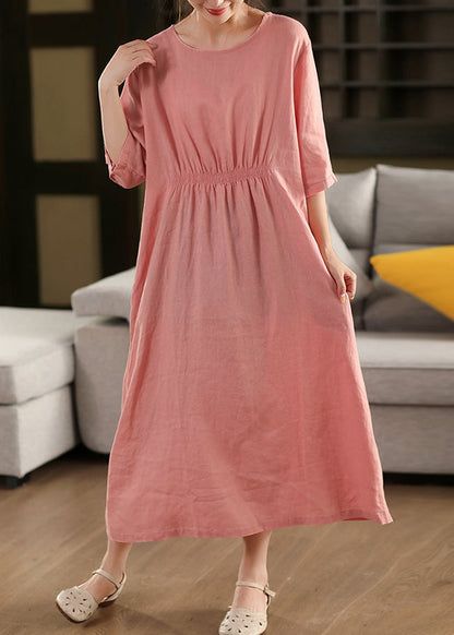Original Pink O Neck Wrinkled Linen Long Dress Half Sleeve