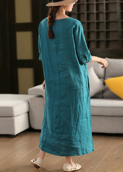 Original Pink O Neck Wrinkled Linen Long Dress Half Sleeve