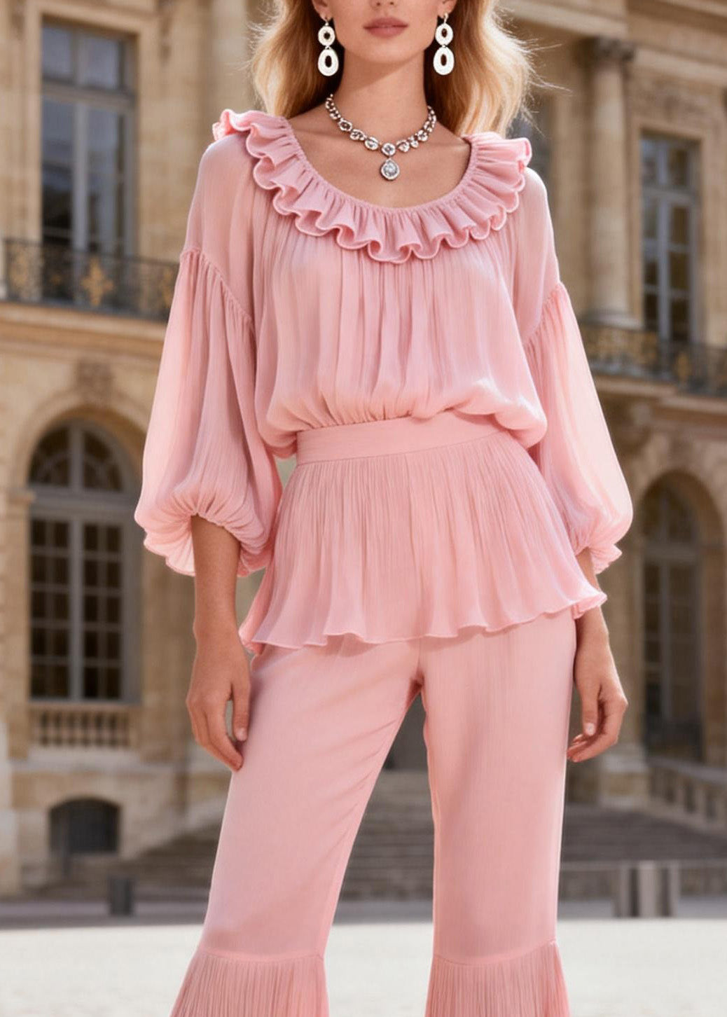 Original Pink Ruffled Patchwork Silk Two Piece Set Women Clothing Summer