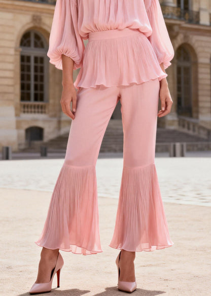 Original Pink Ruffled Patchwork Silk Two Piece Set Women Clothing Summer
