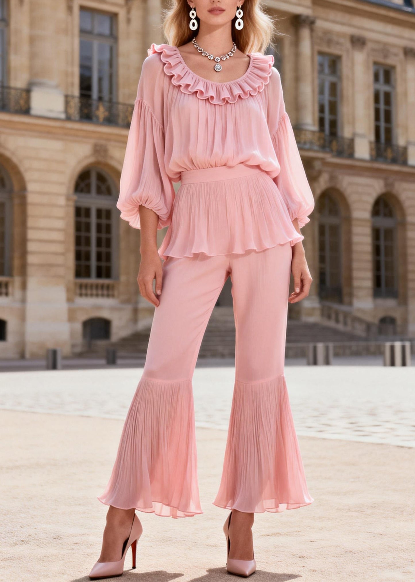 Original Pink Ruffled Patchwork Silk Two Piece Set Women Clothing Summer