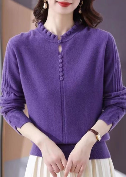 Original Purple O-Neck Solid Knit Sweater Winter