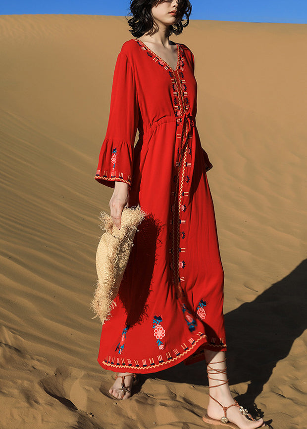Original Red Embroidered Tie Waist Cotton Long Dresses Fall