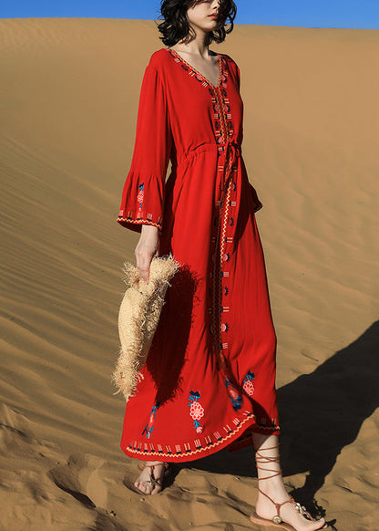 Original Red Embroidered Tie Waist Cotton Long Dresses Fall