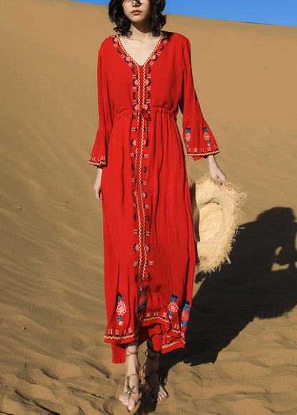 Original Red Embroidered Tie Waist Cotton Long Dresses Fall