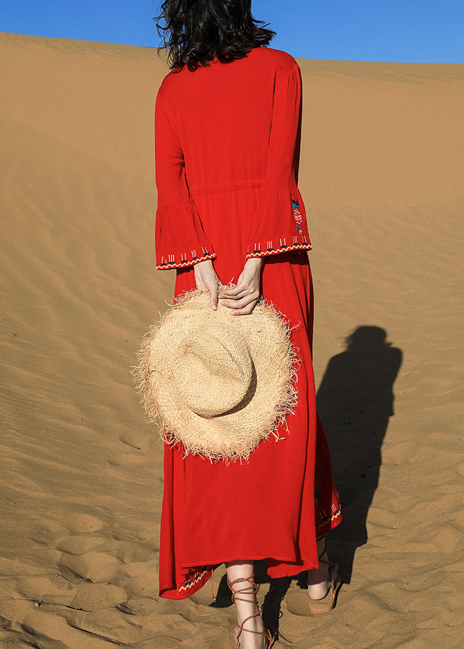 Original Red Embroidered Tie Waist Cotton Long Dresses Fall