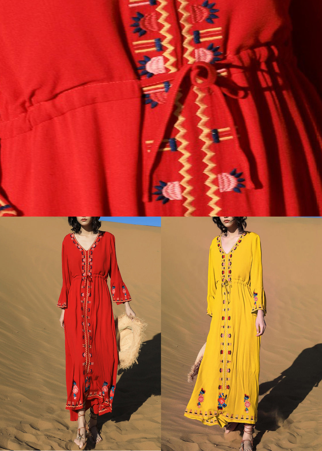 Original Red Embroidered Tie Waist Cotton Long Dresses Fall