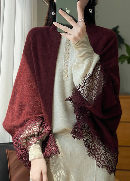 Original Red Hollow Out Patchwork Woolen Cardigan Fall