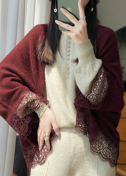 Original Red Hollow Out Patchwork Woolen Cardigan Fall