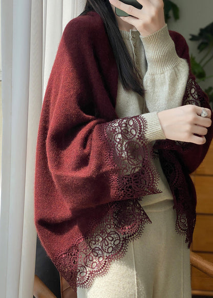 Original Red Hollow Out Patchwork Woolen Cardigan Fall