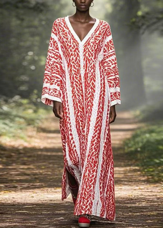 Original Red Print Loose Ankle Dress V Neck Spring
