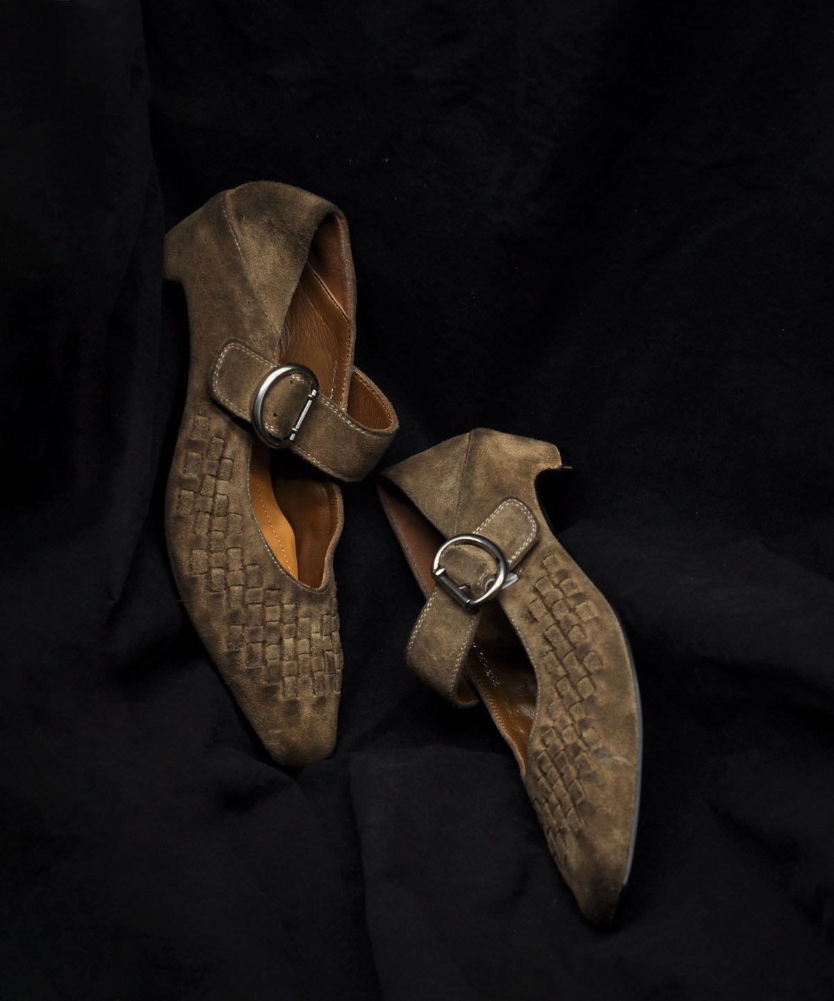 Original Retro Grey Suede Woven Buckle Strap Chunky Heel Shoes