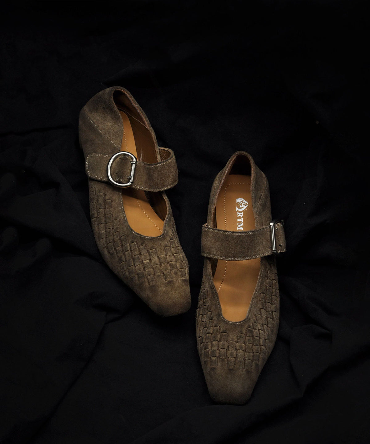 Original Retro Grey Suede Woven Buckle Strap Chunky Heel Shoes