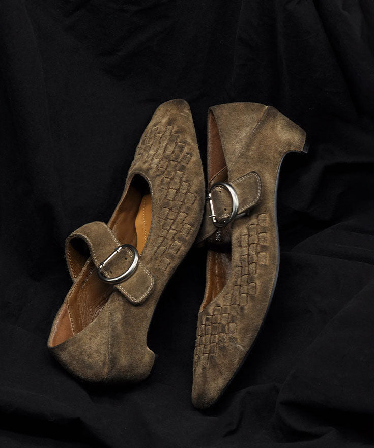 Original Retro Grey Suede Woven Buckle Strap Chunky Heel Shoes