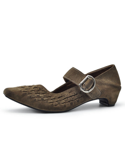 Original Retro Grey Suede Woven Buckle Strap Chunky Heel Shoes