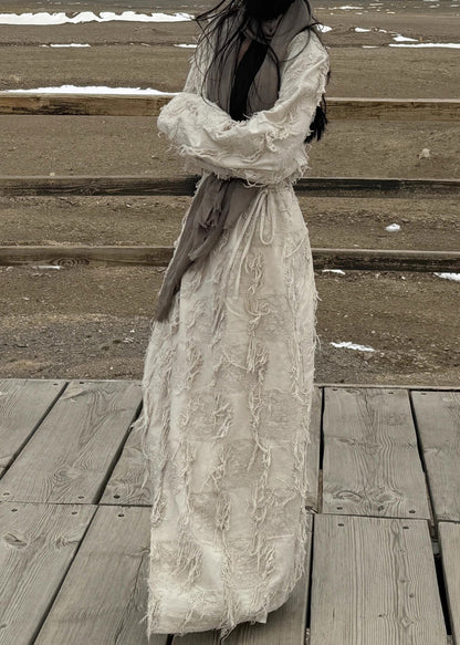 Original V Neck Lace Up Tasseled Cotton Long Cardigan Fall