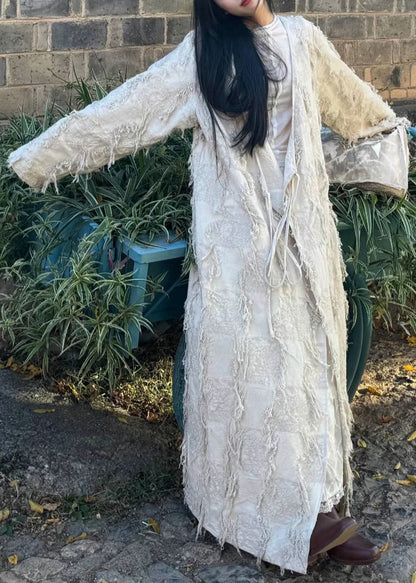 Original V Neck Lace Up Tasseled Cotton Long Cardigan Fall