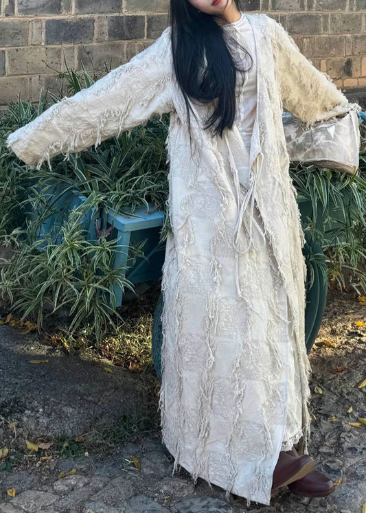 Original V Neck Lace Up Tasseled Cotton Long Cardigan Fall