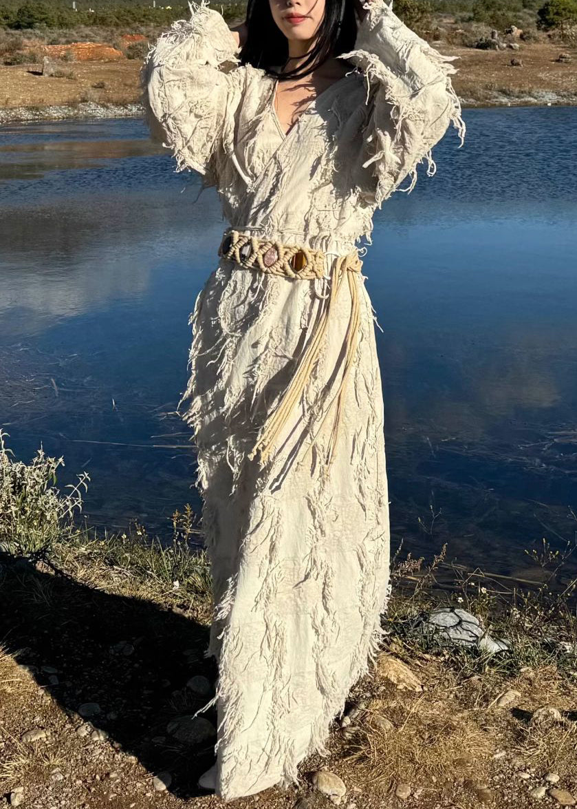 Original V Neck Lace Up Tasseled Cotton Long Cardigan Fall