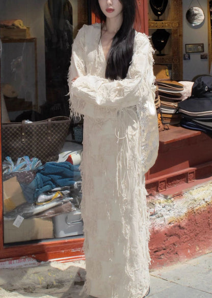 Original V Neck Lace Up Tasseled Cotton Long Cardigan Fall