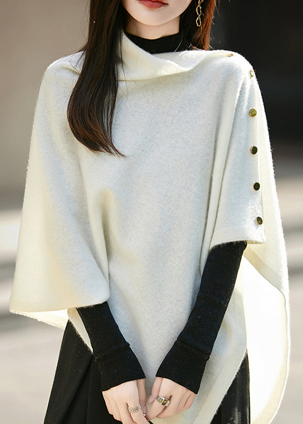 Original White Asymmetrical Button Woolen Knit Cape Sweaters Winter