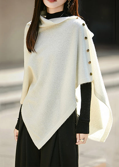 Original White Asymmetrical Button Woolen Knit Cape Sweaters Winter