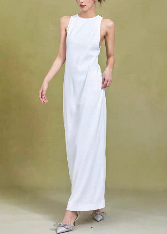 Original White O Neck High Waist Solid Cotton Dress Sleeveless