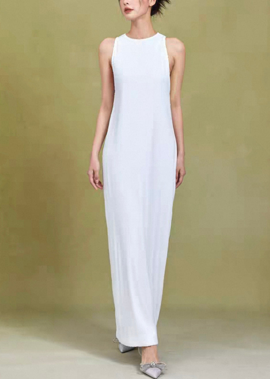 Original White O Neck High Waist Solid Cotton Dress Sleeveless