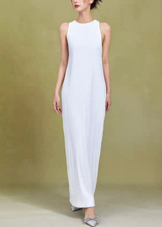 Original White O Neck High Waist Solid Cotton Dress Sleeveless